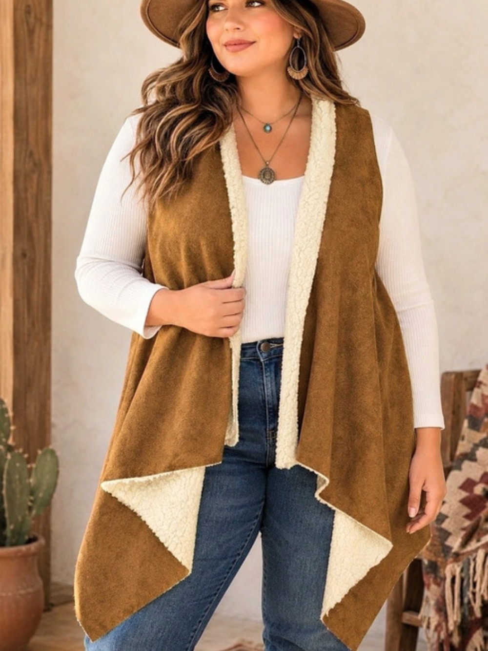 Marcus Aller Faux Suede Shearling Vest Brown Cream Boho Western Cozy 1X